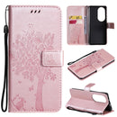 For Huawei P50 Pro Tree & Cat Pattern Pressed Printing Horizontal Flip PU Leather Case with Holder & Card Slots & Wallet & Lanyard(Rose Gold)