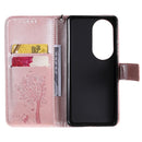 For Huawei P50 Pro Tree & Cat Pattern Pressed Printing Horizontal Flip PU Leather Case with Holder & Card Slots & Wallet & Lanyard(Rose Gold)