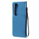 For Huawei P50 Pro Tree & Cat Pattern Pressed Printing Horizontal Flip PU Leather Case with Holder & Card Slots & Wallet & Lanyard(Blue)