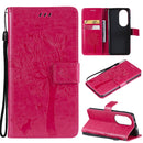 For Huawei P50 Pro Tree & Cat Pattern Pressed Printing Horizontal Flip PU Leather Case with Holder & Card Slots & Wallet & Lanyard(Rose Red)