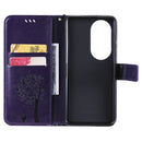 For Huawei P50 Pro Tree & Cat Pattern Pressed Printing Horizontal Flip PU Leather Case with Holder & Card Slots & Wallet & Lanyard(Purple)