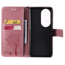For Huawei P50 Pro Tree & Cat Pattern Pressed Printing Horizontal Flip PU Leather Case with Holder & Card Slots & Wallet & Lanyard(Pink)