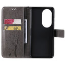For Huawei P50 Pro Tree & Cat Pattern Pressed Printing Horizontal Flip PU Leather Case with Holder & Card Slots & Wallet & Lanyard(Grey)