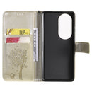 For Huawei P50 Pro Tree & Cat Pattern Pressed Printing Horizontal Flip PU Leather Case with Holder & Card Slots & Wallet & Lanyard(Gold)