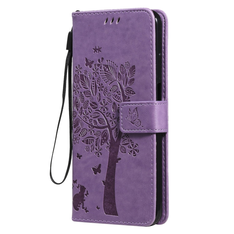 For Nokia X20 Tree & Cat Pattern Pressed Printing Horizontal Flip PU Leather Case with Holder & Card Slots & Wallet & Lanyard(Lavender)