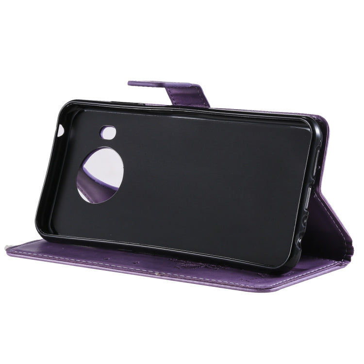 For Nokia X20 Tree & Cat Pattern Pressed Printing Horizontal Flip PU Leather Case with Holder & Card Slots & Wallet & Lanyard(Lavender)