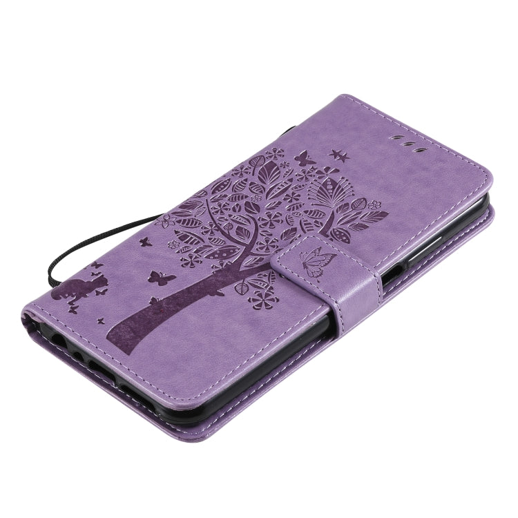 For Nokia X20 Tree & Cat Pattern Pressed Printing Horizontal Flip PU Leather Case with Holder & Card Slots & Wallet & Lanyard(Lavender)