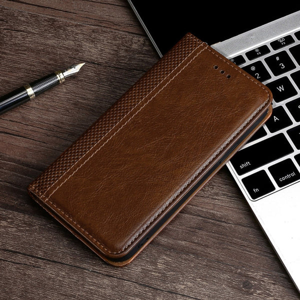 For Samsung Galaxy A50 Grid Texture Magnetic PU + TPU Horizontal Flip Leather Case with Holder & Card Slot(Brown)