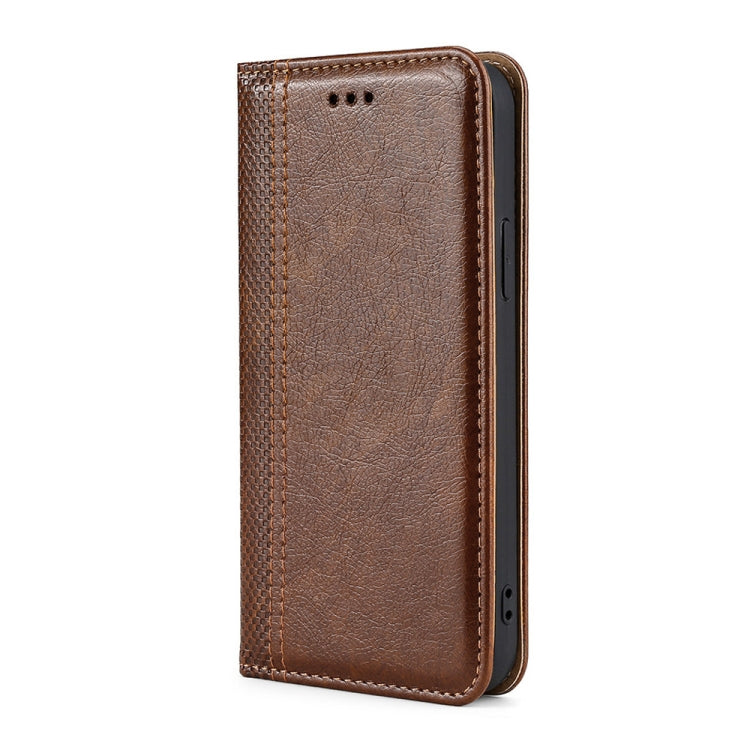For Samsung Galaxy A51 Grid Texture Magnetic PU + TPU Horizontal Flip Leather Case with Holder & Card Slot(Brown)