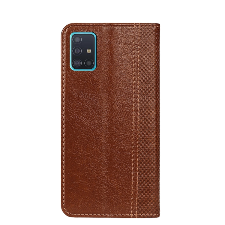 For Samsung Galaxy A51 Grid Texture Magnetic PU + TPU Horizontal Flip Leather Case with Holder & Card Slot(Brown)