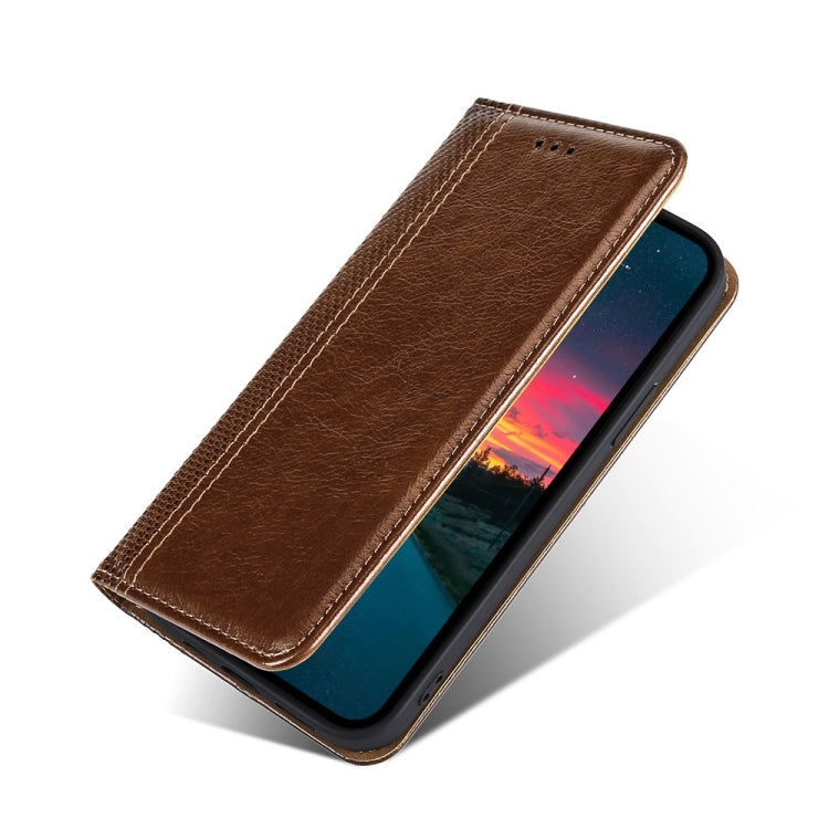 For Samsung Galaxy A51 Grid Texture Magnetic PU + TPU Horizontal Flip Leather Case with Holder & Card Slot(Brown)