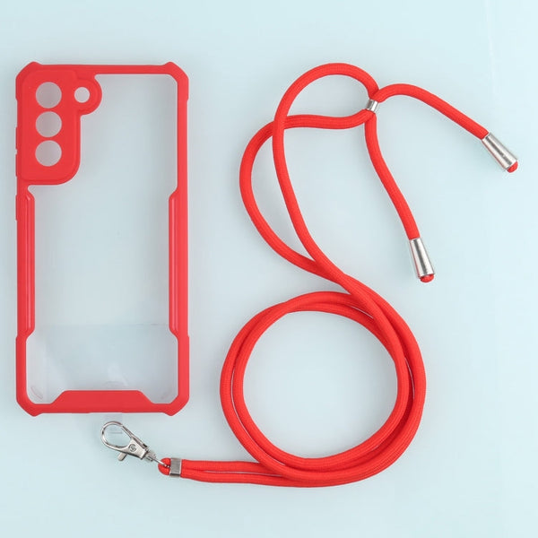 For Samsung Galaxy S21 FE Acrylic + Color TPU Shockproof Case with Neck Lanyard(Red)