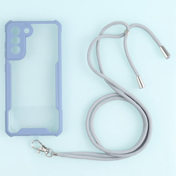For Samsung Galaxy S21 FE Acrylic + Color TPU Shockproof Case with Neck Lanyard(Milk Grey)