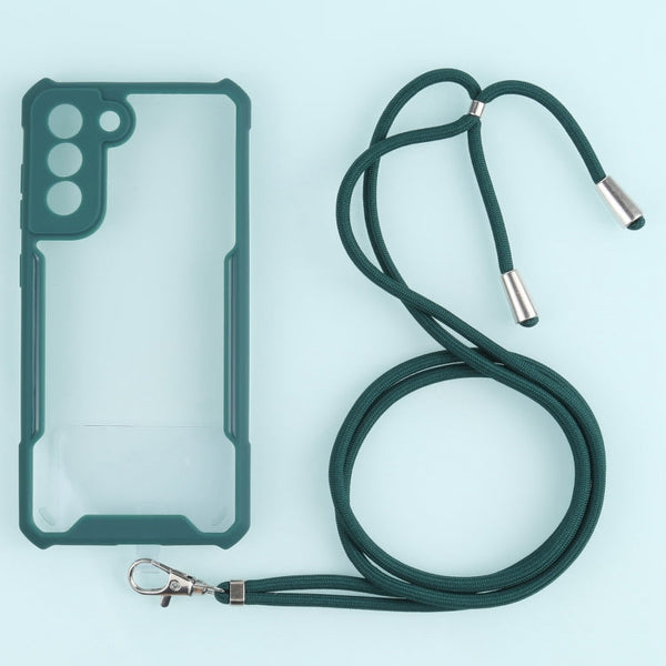 For Samsung Galaxy S21 FE Acrylic + Color TPU Shockproof Case with Neck Lanyard(Dark Green)