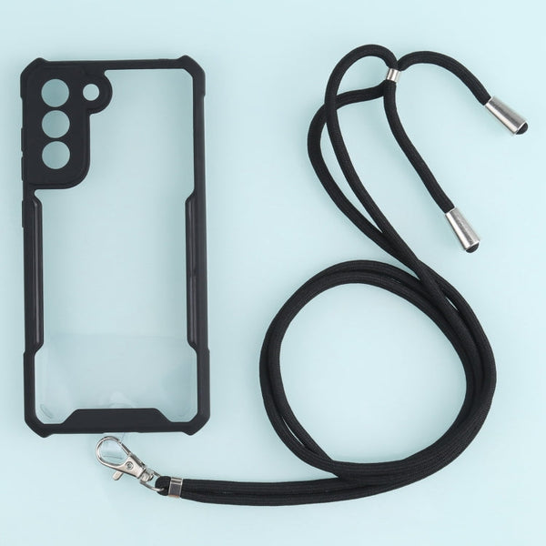 For Samsung Galaxy S21 FE Acrylic + Color TPU Shockproof Case with Neck Lanyard(Black)