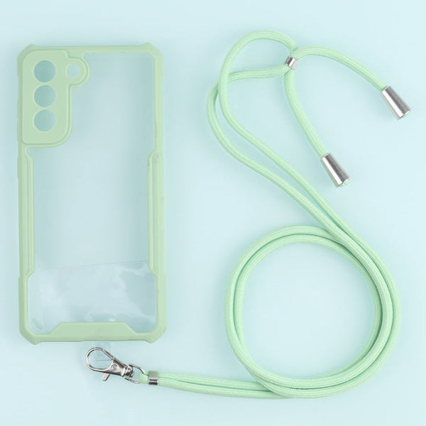 For Samsung Galaxy S21 FE Acrylic + Color TPU Shockproof Case with Neck Lanyard(Avocado)