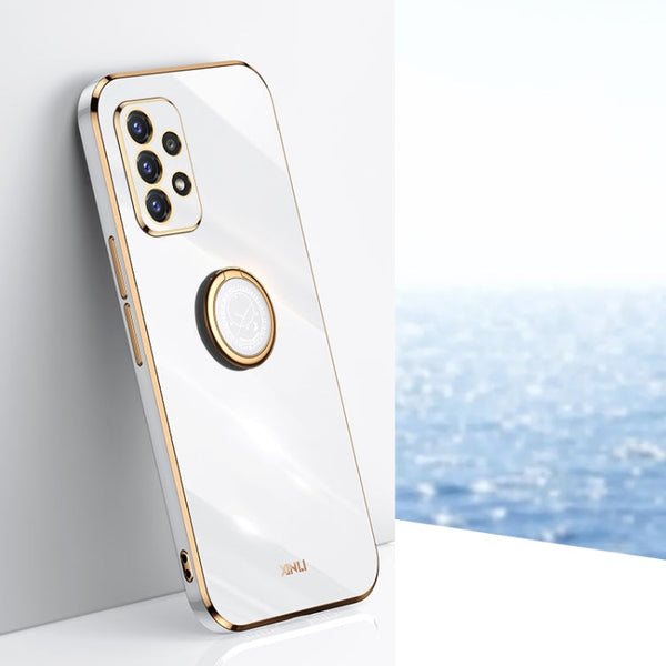 For Samsung Galaxy A52 5G XINLI Straight 6D Plating Gold Edge TPU Shockproof Case with Ring Holder(White)