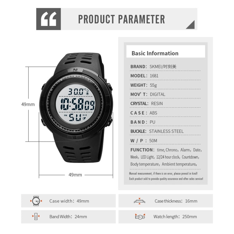 SKMEI 1681 Multifunctional LED Digital Display Luminous Electronic Watch, Support Body / Ambient Temperature Measurement(Blue Black)
