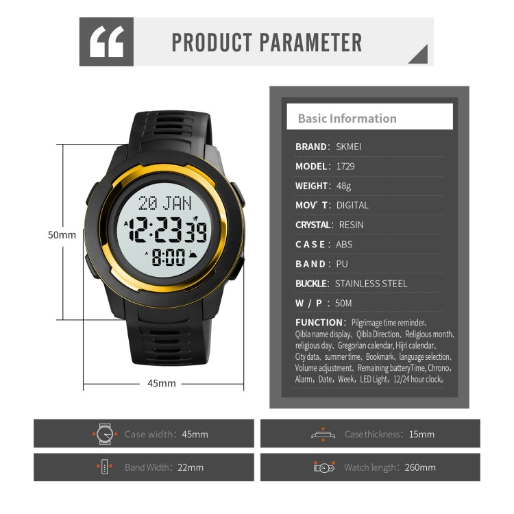 SKMEI 1729 Qibla Calendar Timing Multifunctional LED Digital Display Luminous Electronic Watch(Blue and Black)