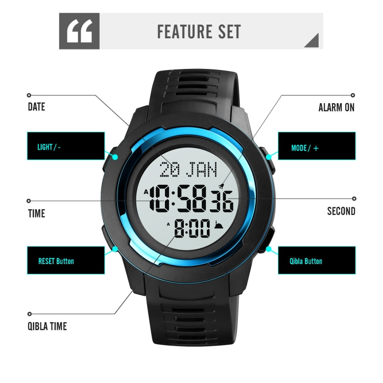 SKMEI 1729 Qibla Calendar Timing Multifunctional LED Digital Display Luminous Electronic Watch(Blue and Black)