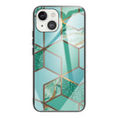 Abstract Marble Pattern Glass Protective Case For iPhone 13(Rhombus Green)