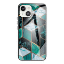 Abstract Marble Pattern Glass Protective Case For iPhone 13(Rhombus Dark Green)