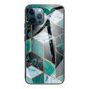Abstract Marble Pattern Glass Protective Case For iPhone 13 Pro Max(Rhombus Dark Green)