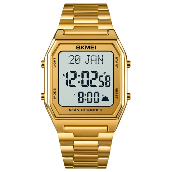 SKMEI 1763 Qibla Calendar Timing Multifunctional LED Digital Display Stainless Steel Strap Luminous Electronic Watch(Gold and White)