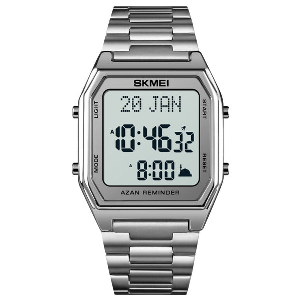 SKMEI 1763 Qibla Calendar Timing Multifunctional LED Digital Display Stainless Steel Strap Luminous Electronic Watch(Silver and White)