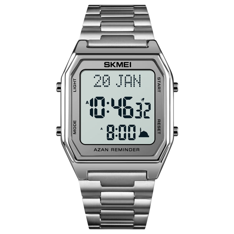 SKMEI 1763 Qibla Calendar Timing Multifunctional LED Digital Display Stainless Steel Strap Luminous Electronic Watch(Silver and White)