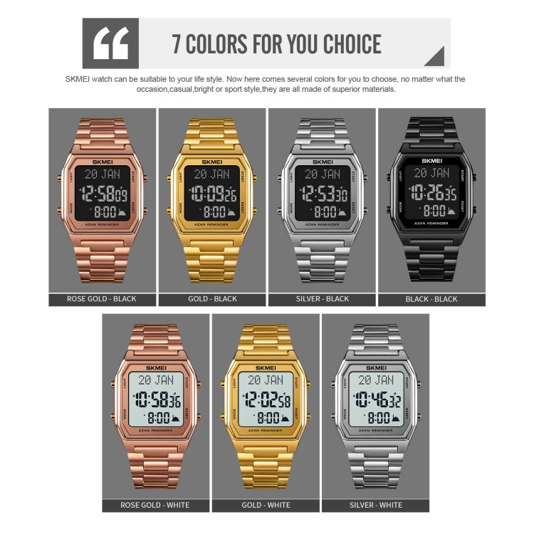 SKMEI 1763 Qibla Calendar Timing Multifunctional LED Digital Display Stainless Steel Strap Luminous Electronic Watch(Silver and White)