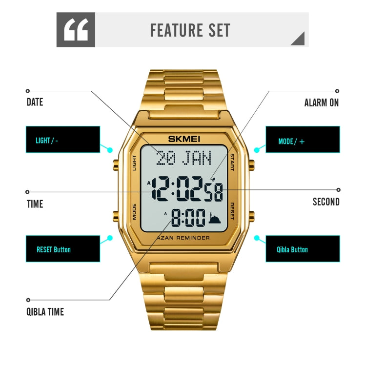 SKMEI 1763 Qibla Calendar Timing Multifunctional LED Digital Display Stainless Steel Strap Luminous Electronic Watch(Silver and White)