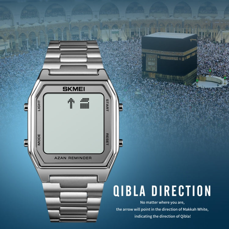 SKMEI 1763 Qibla Calendar Timing Multifunctional LED Digital Display Stainless Steel Strap Luminous Electronic Watch(Silver and White)