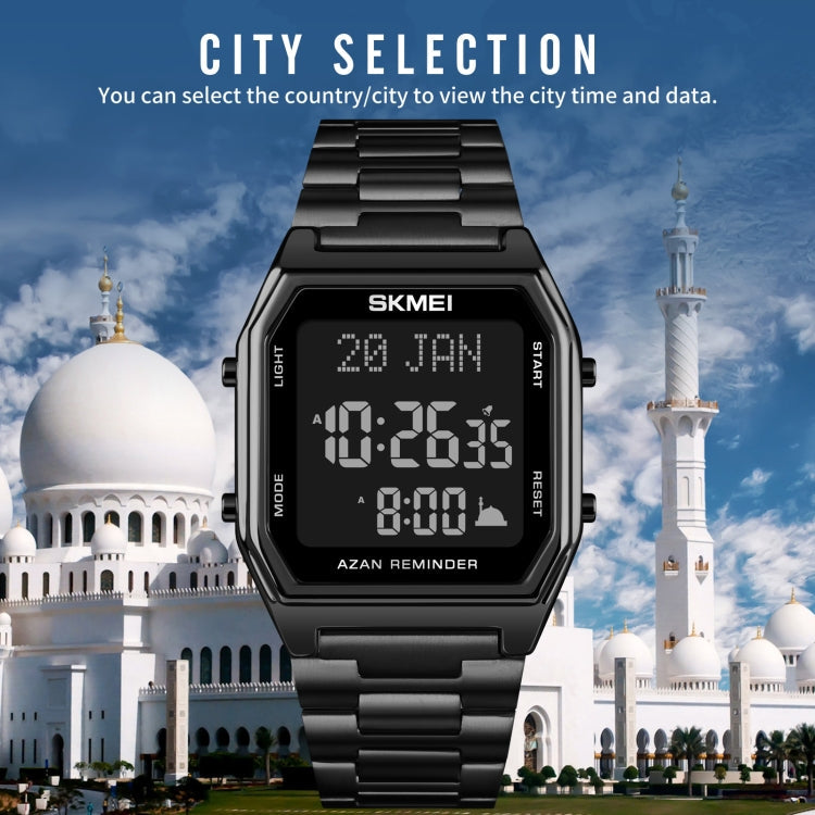 SKMEI 1763 Qibla Calendar Timing Multifunctional LED Digital Display Stainless Steel Strap Luminous Electronic Watch(Silver and White)
