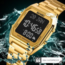 SKMEI 1763 Qibla Calendar Timing Multifunctional LED Digital Display Stainless Steel Strap Luminous Electronic Watch(Gold and Black)