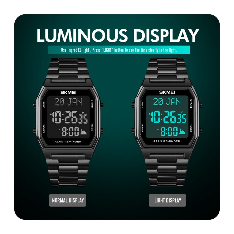 SKMEI 1763 Qibla Calendar Timing Multifunctional LED Digital Display Stainless Steel Strap Luminous Electronic Watch(Black)