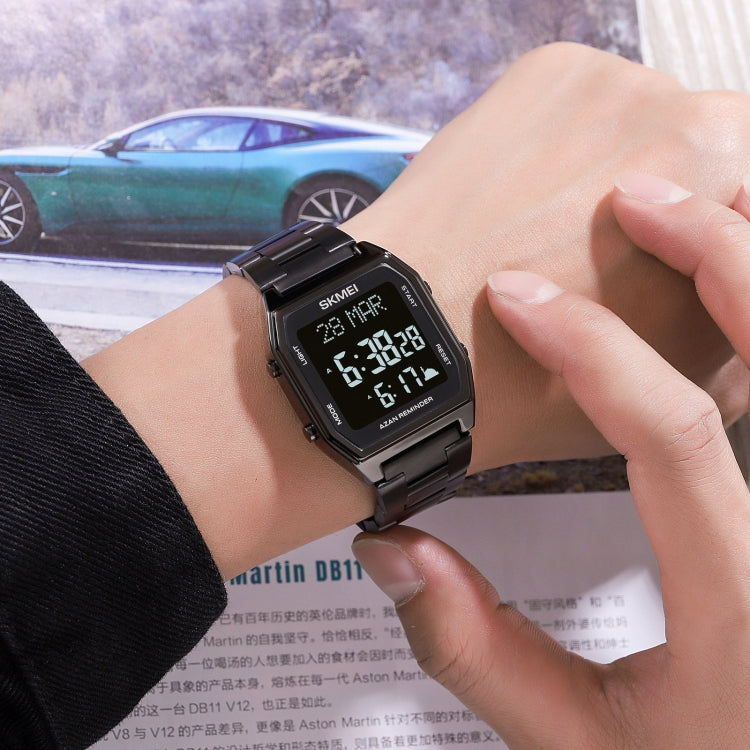 SKMEI 1763 Qibla Calendar Timing Multifunctional LED Digital Display Stainless Steel Strap Luminous Electronic Watch(Silver and White)