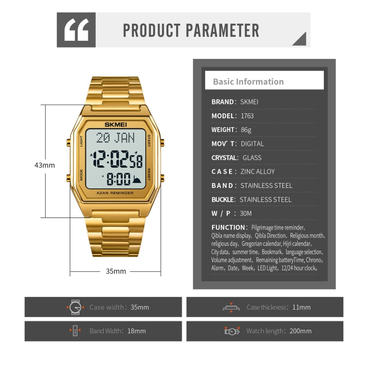SKMEI 1763 Qibla Calendar Timing Multifunctional LED Digital Display Stainless Steel Strap Luminous Electronic Watch(Gold and White)