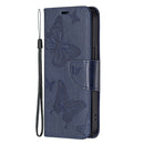 Embossing Two Butterflies Pattern Horizontal Flip PU Leather Case with Holder & Card Slot & Wallet & Lanyard For iPhone 13(Blue)