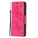 Embossing Two Butterflies Pattern Horizontal Flip PU Leather Case with Holder & Card Slot & Wallet & Lanyard For iPhone 13(Rose Red)