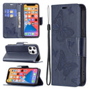 Embossing Two Butterflies Pattern Horizontal Flip PU Leather Case with Holder & Card Slot & Wallet & Lanyard For iPhone 13 Pro(Blue)
