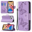 Embossing Two Butterflies Pattern Horizontal Flip PU Leather Case with Holder & Card Slot & Wallet & Lanyard For iPhone 13 Pro(Purple)