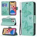 Embossing Two Butterflies Pattern Horizontal Flip PU Leather Case with Holder & Card Slot & Wallet & Lanyard For iPhone 13 Pro(Green)
