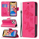 Embossing Two Butterflies Pattern Horizontal Flip PU Leather Case with Holder & Card Slot & Wallet & Lanyard For iPhone 13 Pro Max(Rose Red)
