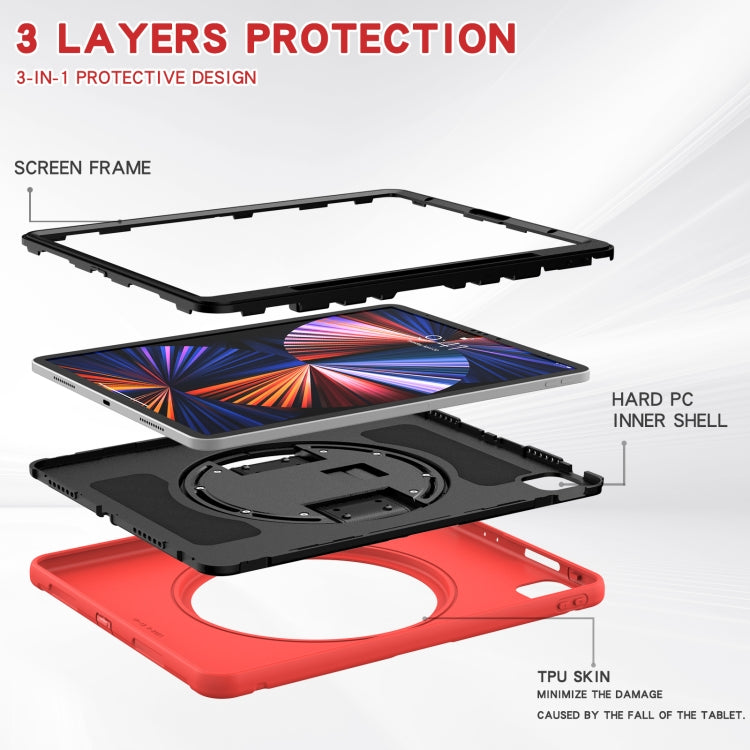 For iPad Pro 12.9 2022 / 2021 360 Degree Rotation PC + TPU Protective Tablet Case with Holder & Hand-strap(Red)