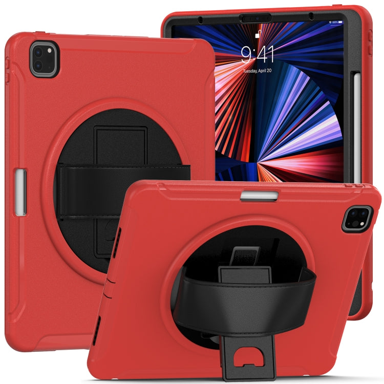 For iPad Pro 12.9 2022 / 2021 360 Degree Rotation PC + TPU Protective Tablet Case with Holder & Hand-strap(Red)