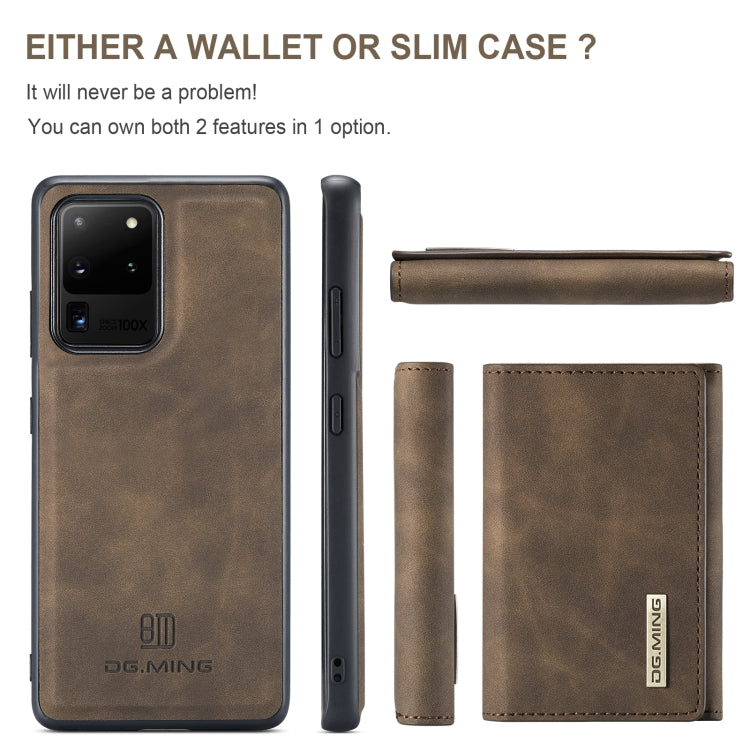 For Samsung Galaxy S20 Ultra DG.MING M1 Series 3-Fold Multi Card Wallet + Magnetic Back Cover Shockproof Case with Holder Function(Coffee)