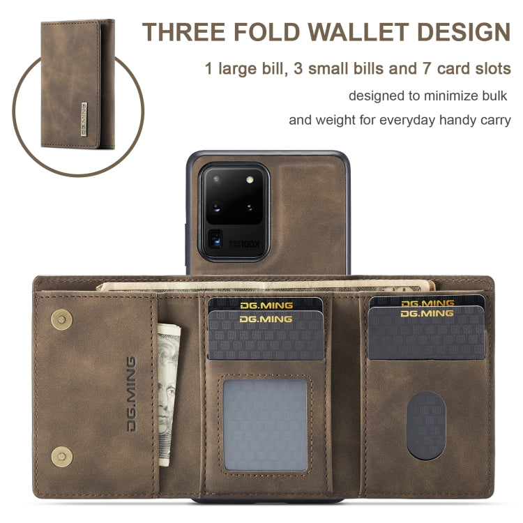 For Samsung Galaxy S20 Ultra DG.MING M1 Series 3-Fold Multi Card Wallet + Magnetic Back Cover Shockproof Case with Holder Function(Coffee)
