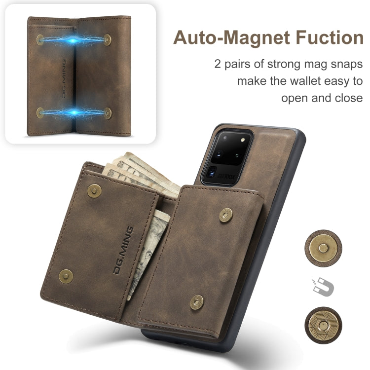 For Samsung Galaxy S20 Ultra DG.MING M1 Series 3-Fold Multi Card Wallet + Magnetic Back Cover Shockproof Case with Holder Function(Coffee)