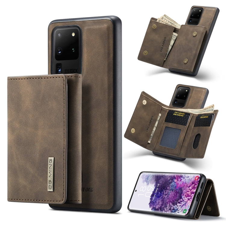 For Samsung Galaxy S20 Ultra DG.MING M1 Series 3-Fold Multi Card Wallet + Magnetic Back Cover Shockproof Case with Holder Function(Coffee)
